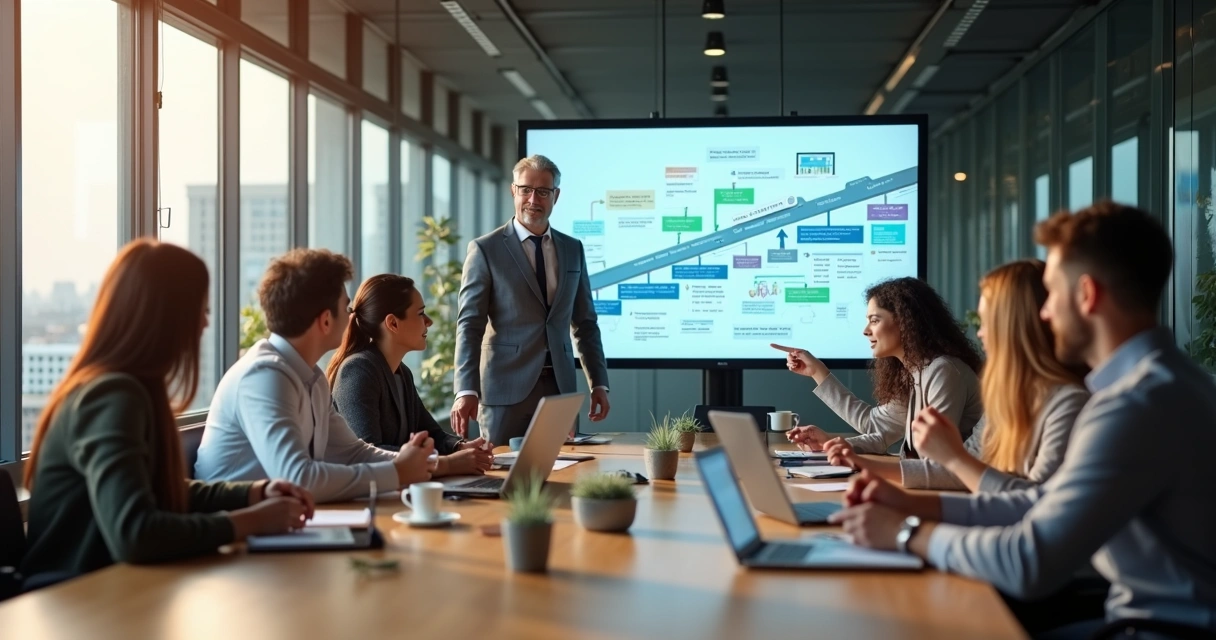 Equipe diversa reunida em sala moderna colaborando em projeto de mudança 