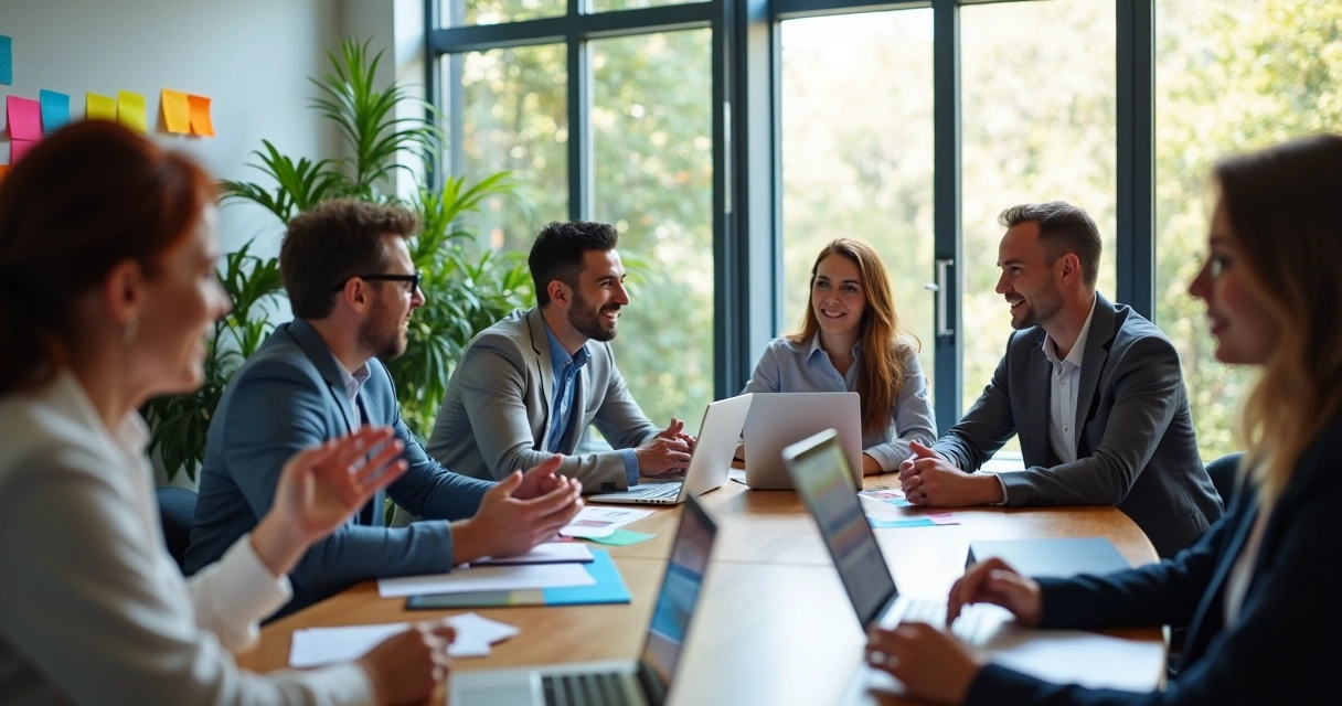 Equipe de profissionais em reunião animada em escritório moderno. 