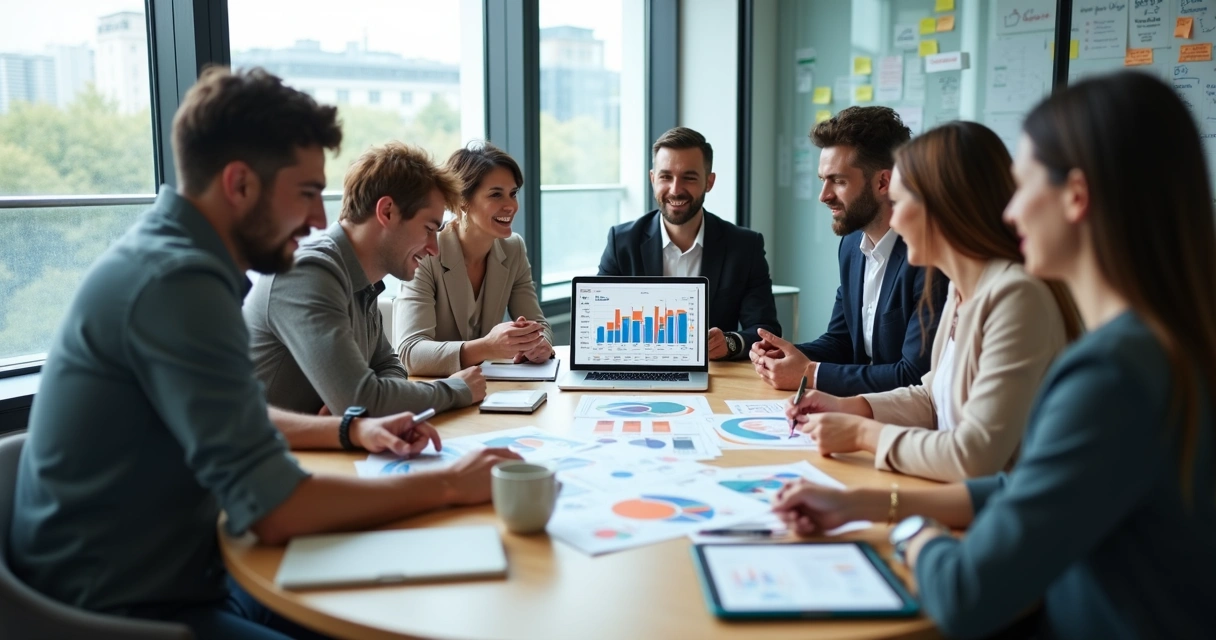 Equipe de escritório reunida em mesa redonda analisando pesquisa de clima no notebook 