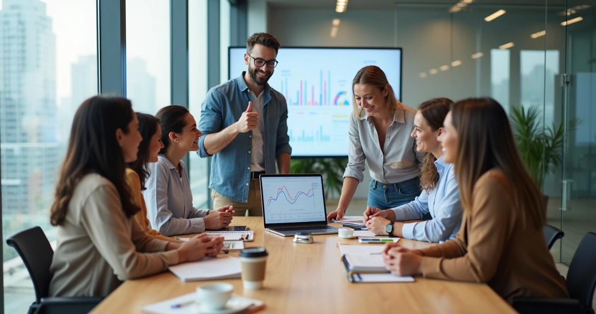Equipe diversa de escritório reunida em sala moderna comemorando resultado 