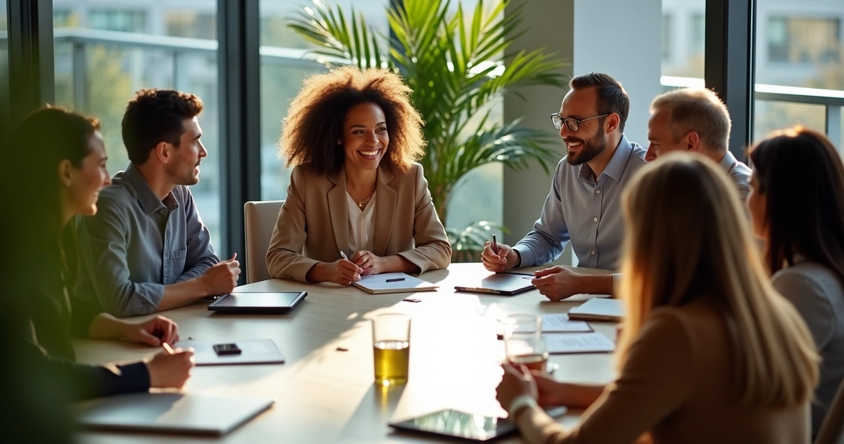 Equipe engajada reunida em sala, trocando ideias 