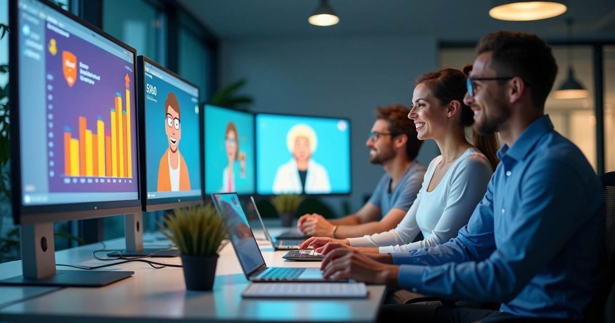 Colaboradores interagindo com recursos de gamificação em plataforma de treinamento 