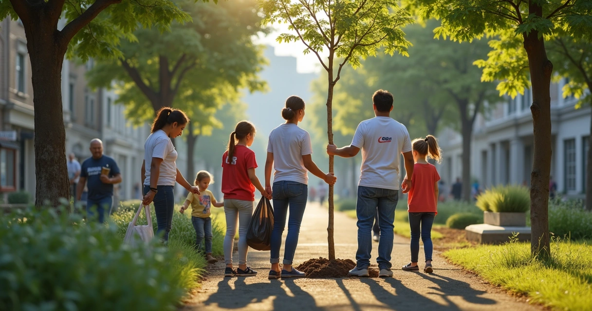 Colaboradores de empresas colaborando em ação voluntária em praça 