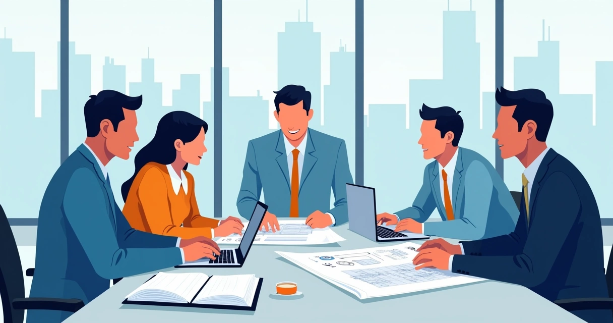 Equipe de arquitetos e engenheiros reunida em sala analisando projeto de regularização de imóvel 