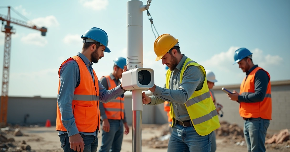 Equipe de engenharia utilizando câmera time-lapse em campo