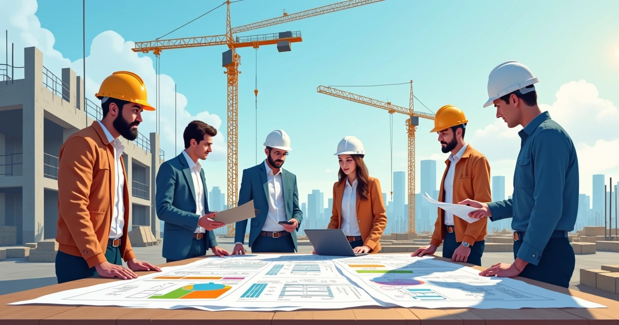 Equipa de engenheiros colaborando em um canteiro de obras com plantas e materiais de construção.