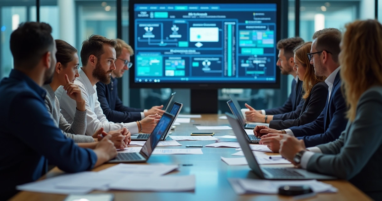 Equipe multifuncional em mesa de reunião analisando fluxos de IA em telas 