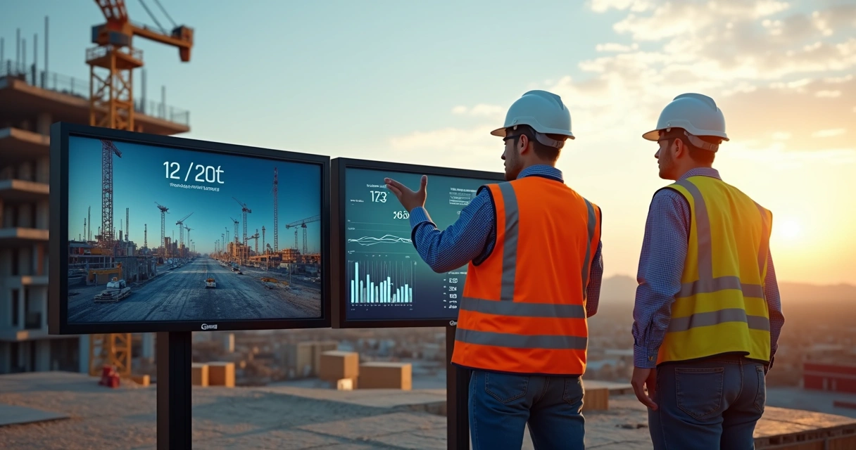 Equipe de engenharia analisando imagens e gráficos em painéis digitais de obra 