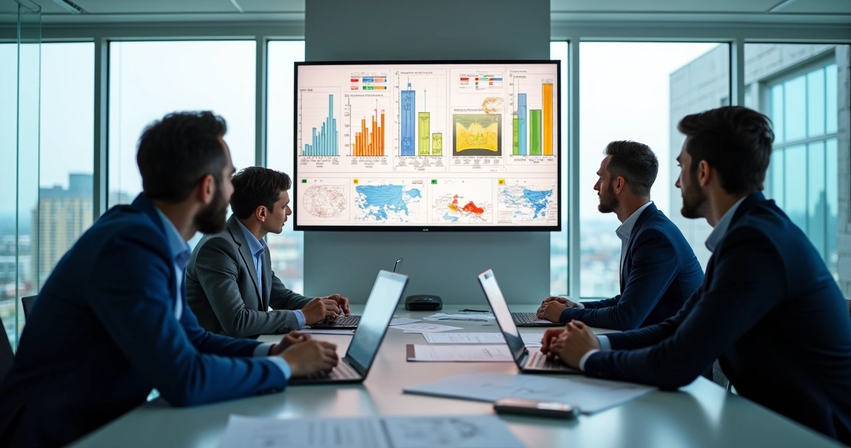 Equipe de engenharia reunida em sala de reunião, analisando relatórios em computadores e painéis digitais. 