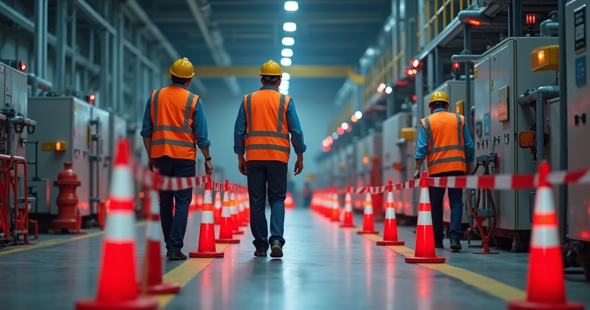 Engenheiros delimitando área de risco com sinalização e cones