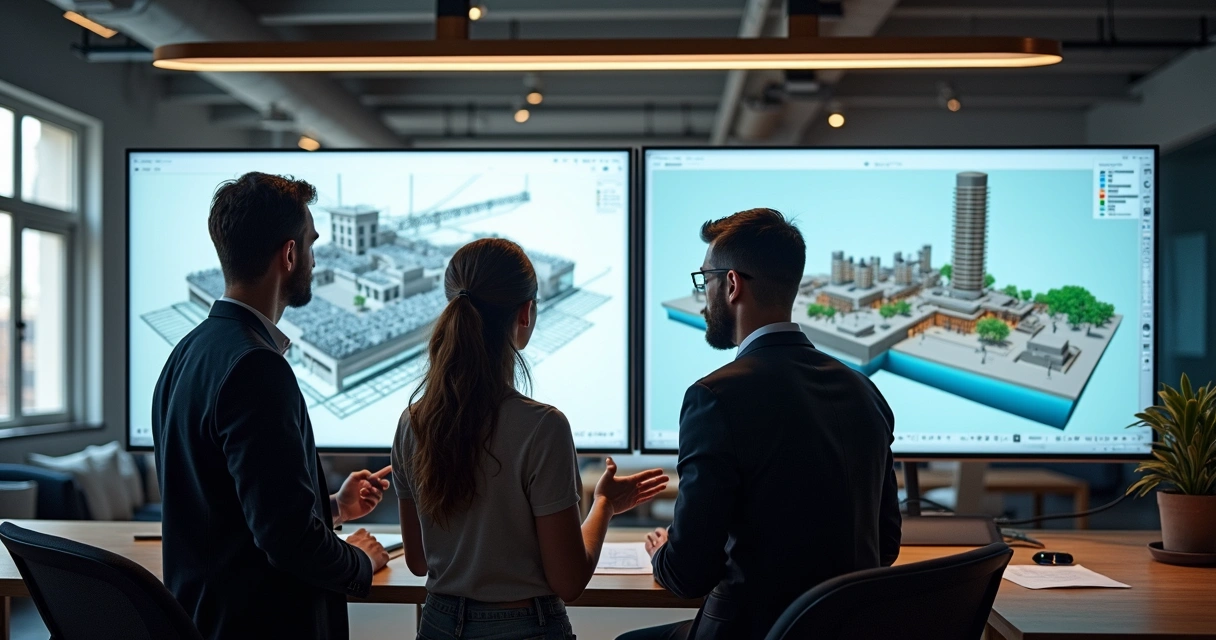 Equipe de engenharia analisando modelo BIM digital em telas 