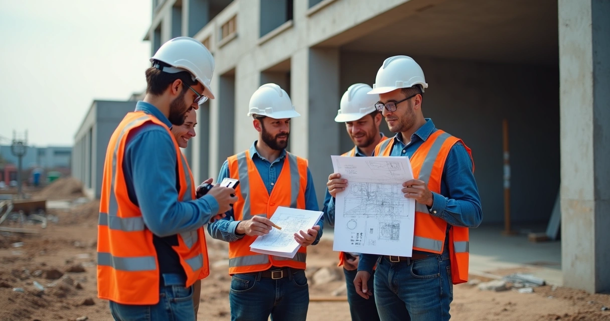 Engenheiros analisando obra com pranchetas e fotos do imóvel 