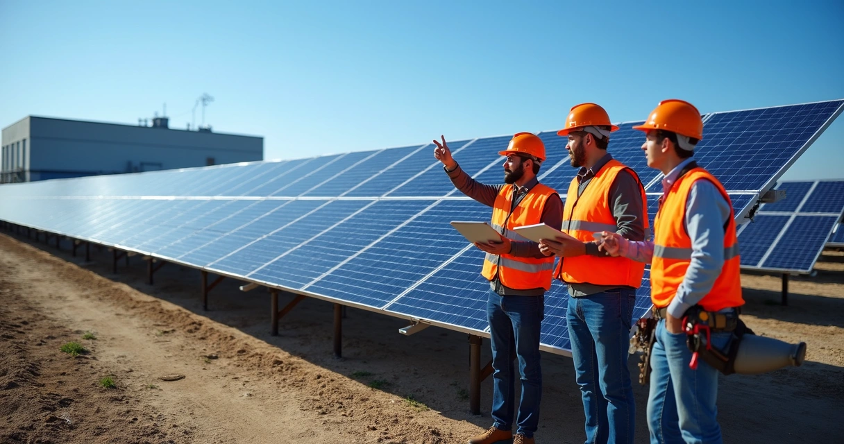 Equipe de engenheiros inspecionando painéis solares em uma fábrica