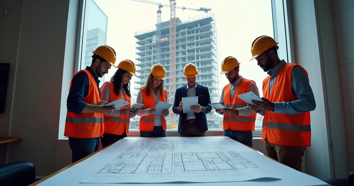 Equipe de engenheiros analisando projeto com tablets 