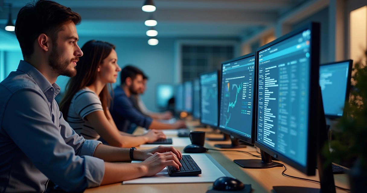 Estrutura de pré-venda na prática e o impacto no SLA com vendas 3 Equipe de vendas enriquecendo leads com computadores