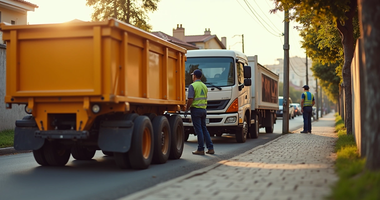 Equipe uniformizada entregando caçamba rapidamente 