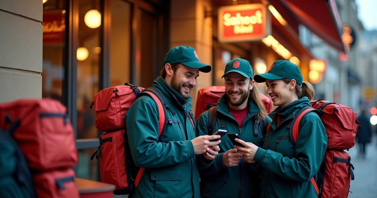 Grupo de entregadores uniformizados com mochilas térmicas em frente ao restaurante 