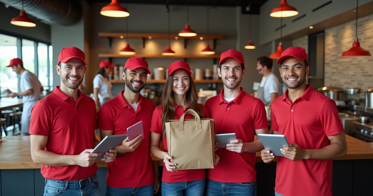 Equipe de entregadores uniformizados em restaurante 