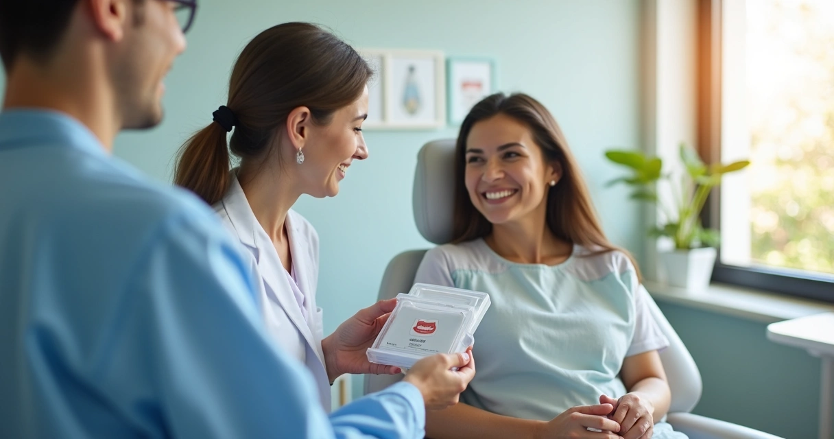 Equipe entregando kit de brinde a paciente em clínica odontológica 