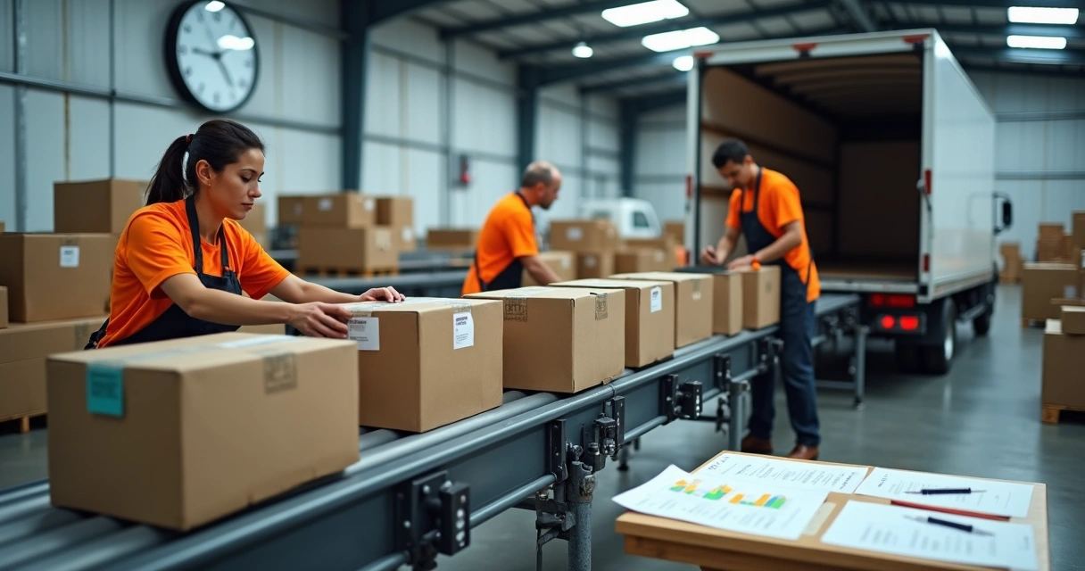 Equipe organizando caixas para entrega dentro do prazo em depósito iluminado