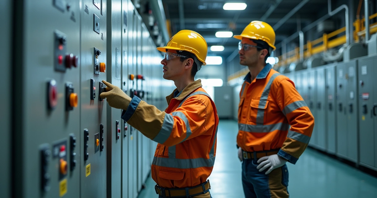 Equipe com EPI em instalações elétricas industriais 