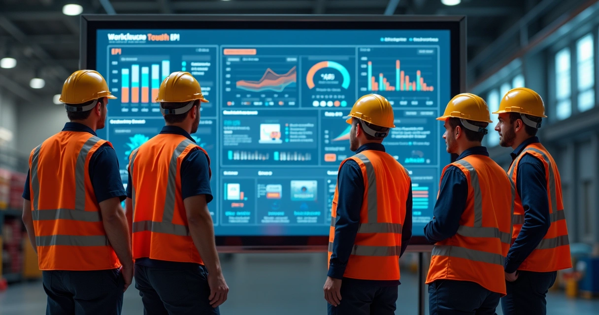 Equipe de segurança analisando painel digital de desvios e EPIs