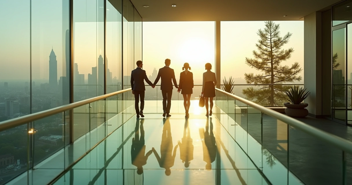 Equipe caminha em trilha elevada entre cidade cinza e natureza vibrante 