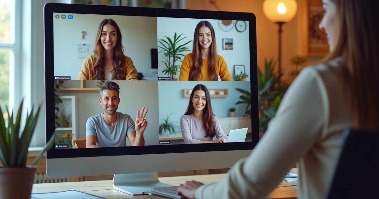 Equipe reunida virtualmente falando sobre equilíbrio entre trabalho e descanso 