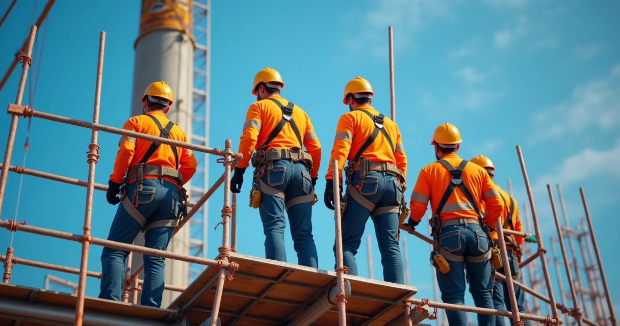 Equipe de trabalhadores em altura com EPIs em um canteiro de obra 