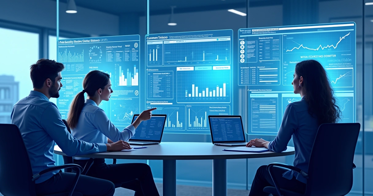 Equipe de vendas e suporte reunida discutindo dados em telas digitais 