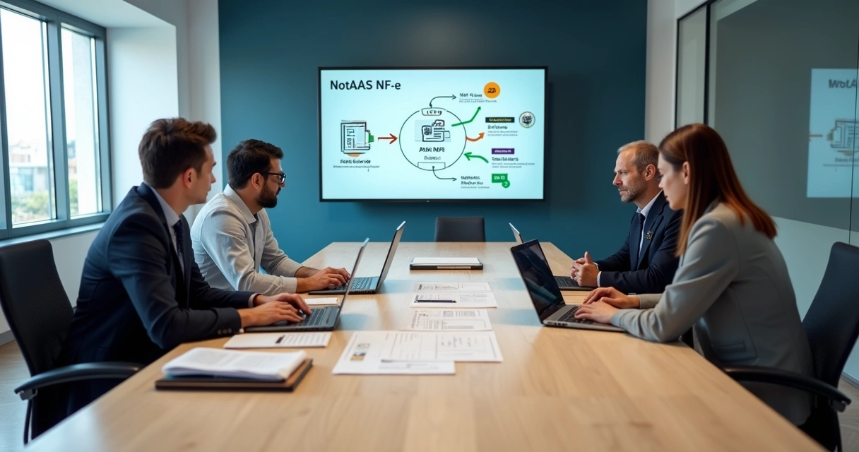 Equipe de ERP firmando parceria de integração com API fiscal em mesa de reunião moderna 