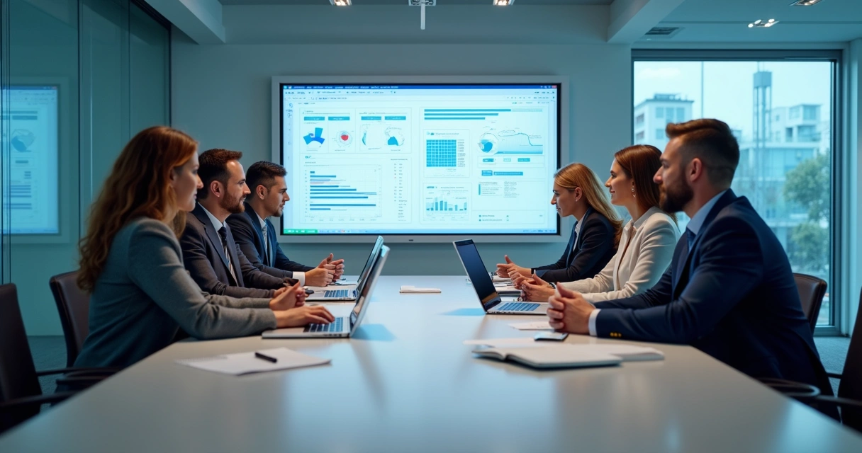 Equipe em reunião analisando implantação de ERP e CRM 