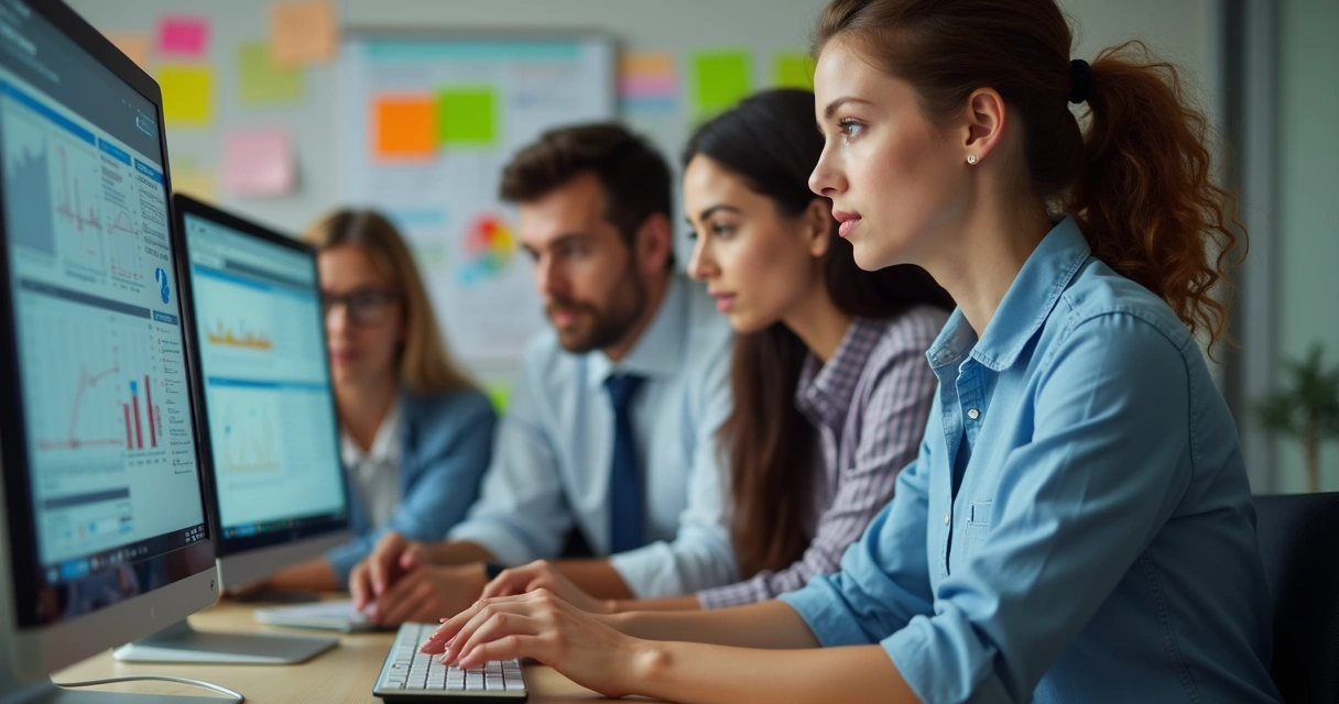 Equipe escolar ao redor de um computador gerenciando tarefas administrativas 