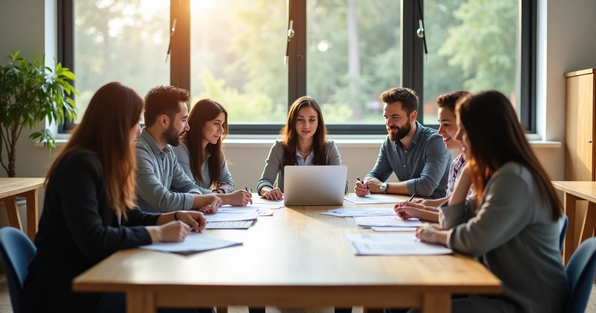 Equipe escolar em reunião analisando documentos para matrículas 
