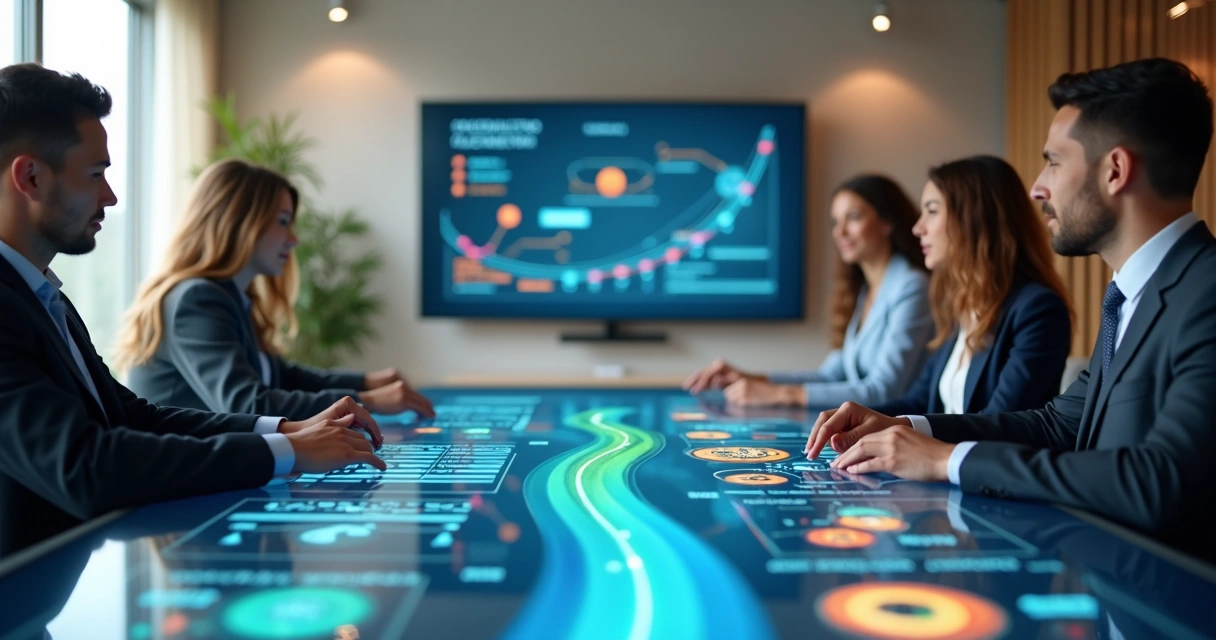 Business team analyzing different paths to choose CRM on a digital panel