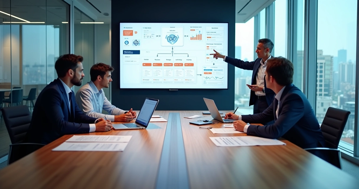 Equipe empresarial avaliando empresa para desenvolver sistema personalizado em reunião de tecnologia 