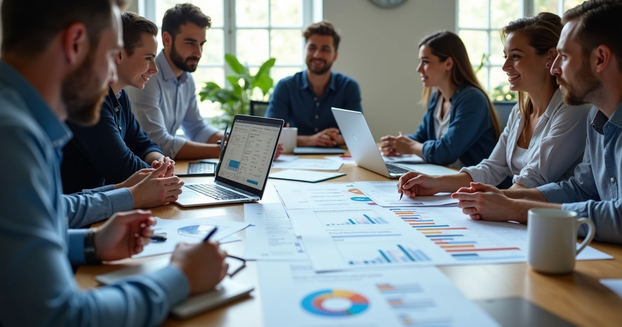 Equipe empresarial analisando opções de plataformas EAD 