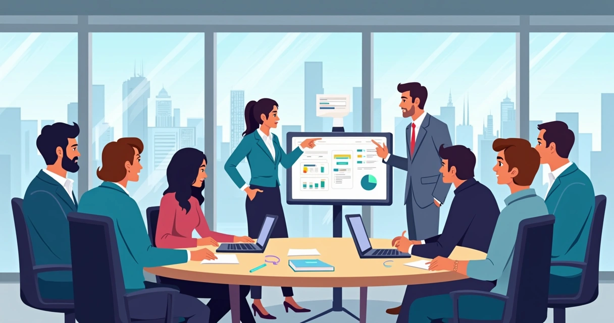 Equipe em reunião analisando diferentes tecnologias digitais em uma sala moderna 