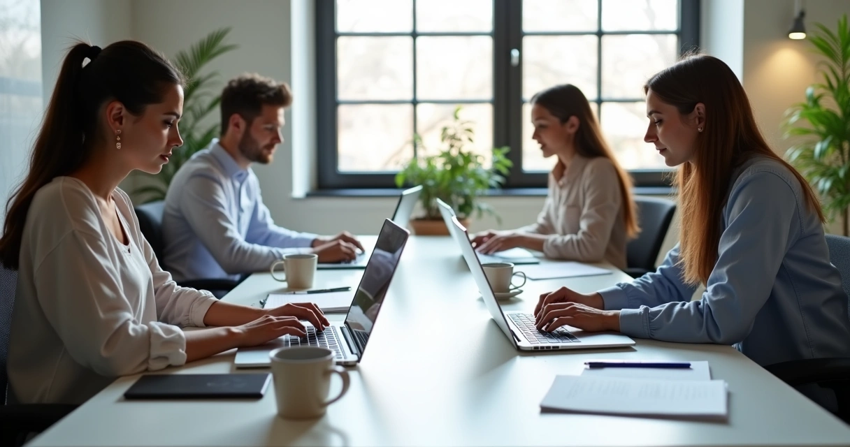 Equipe reunida escrevendo blog em laptops 