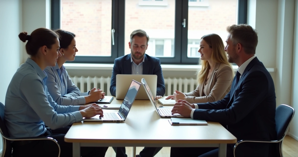 Grupo de colegas de trabalho sentados juntos, mostrando postura atenta e conexão presencial 