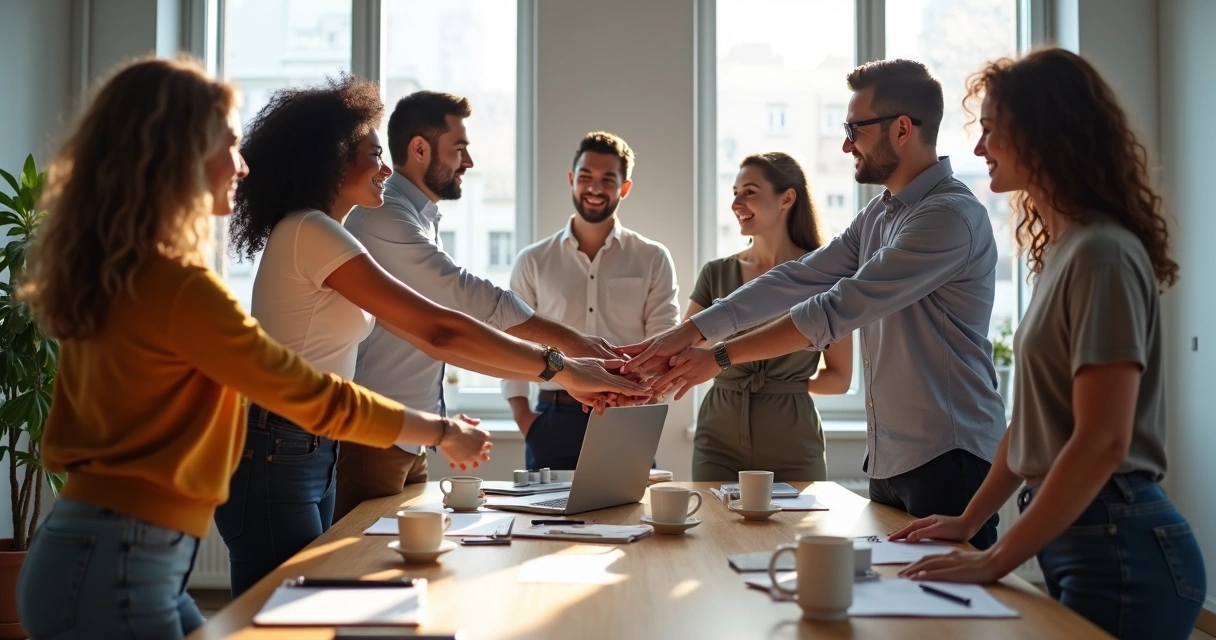 Colegas de trabalho em círculo em uma sala de reunião fazendo gesto de união com as mãos 