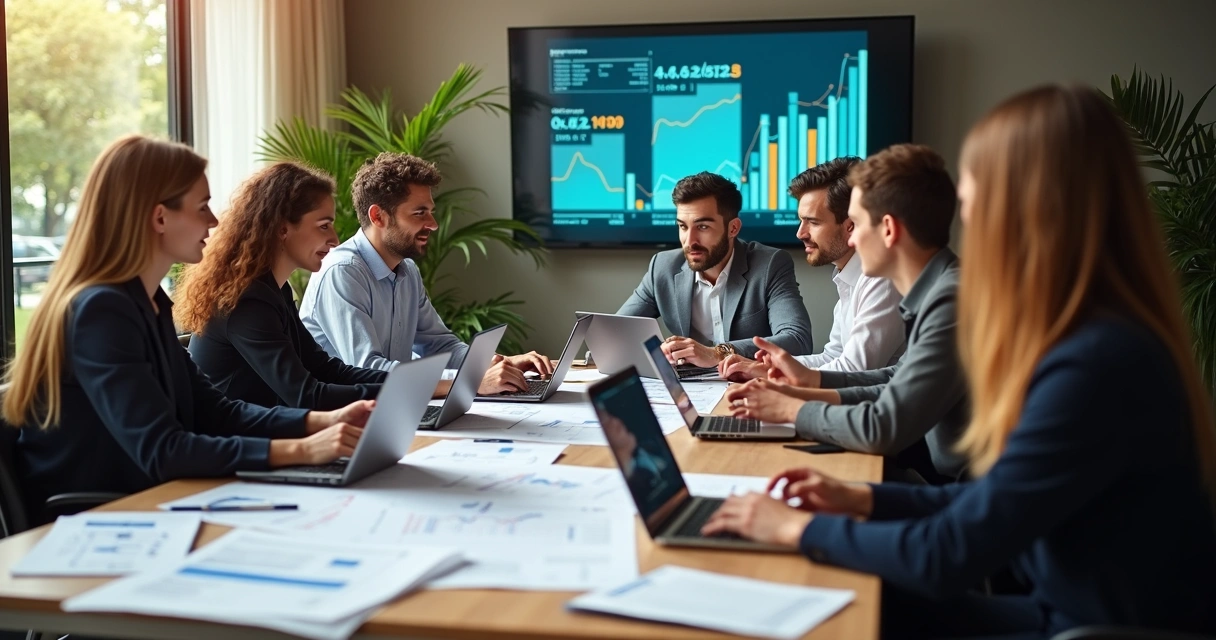 Diferenças entre bookkeeping e contabilidade nos Estados Unidos 2 Equipe analisando documentos contábeis, laptop, sala de reuniões moderna
