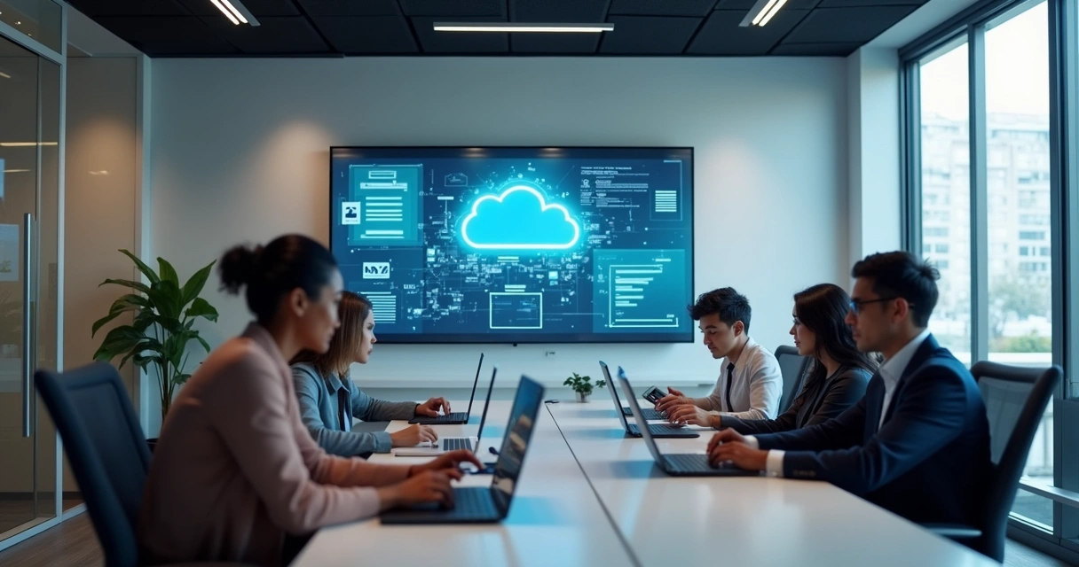 Equipe em escritório moderno configurando contas de e-mail corporativo 