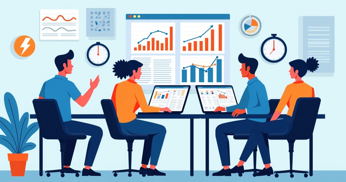 Equipe trabalhando junta com gráficos e computadores em escritório moderno. 