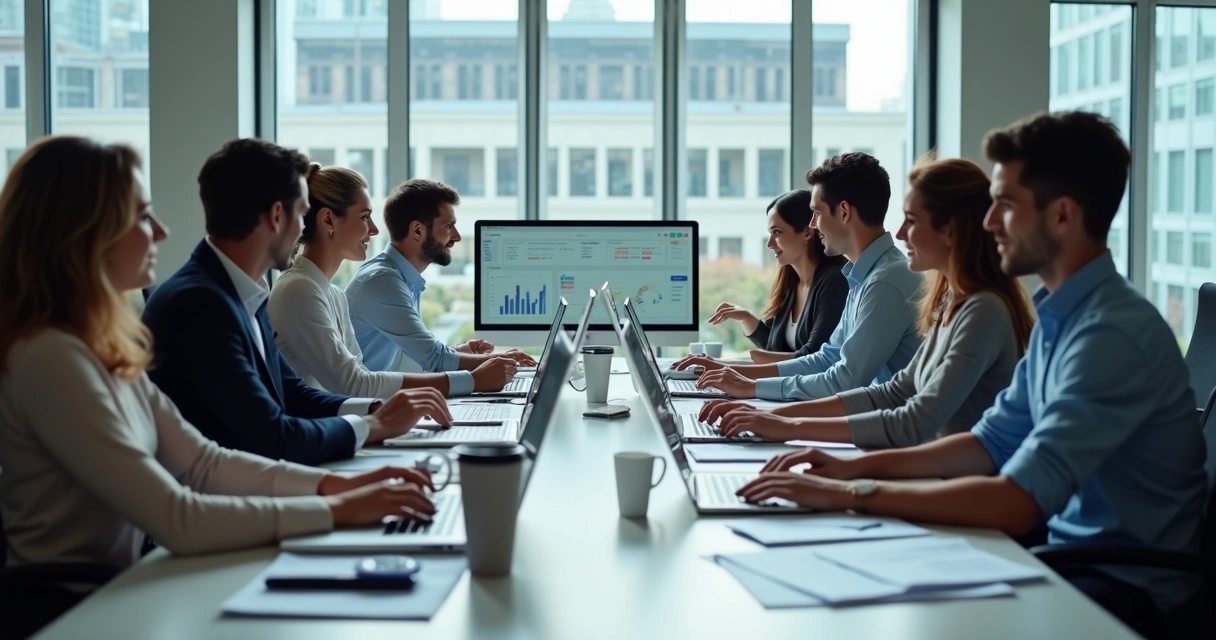 Equipe de escritório utilizando assistente de IA no computador 