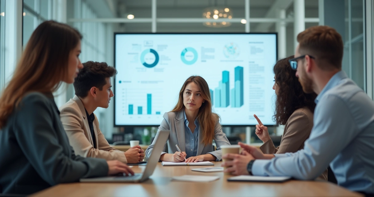Equipe em reunião de trabalho com uma funcionária destacada em reflexão silenciosa 