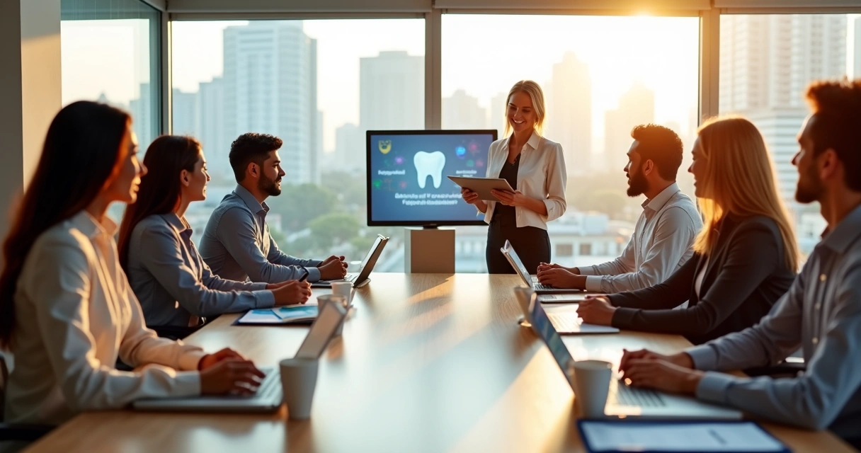 Equipe em escritório moderno recebendo orientação de consultora sobre benefício odontológico 