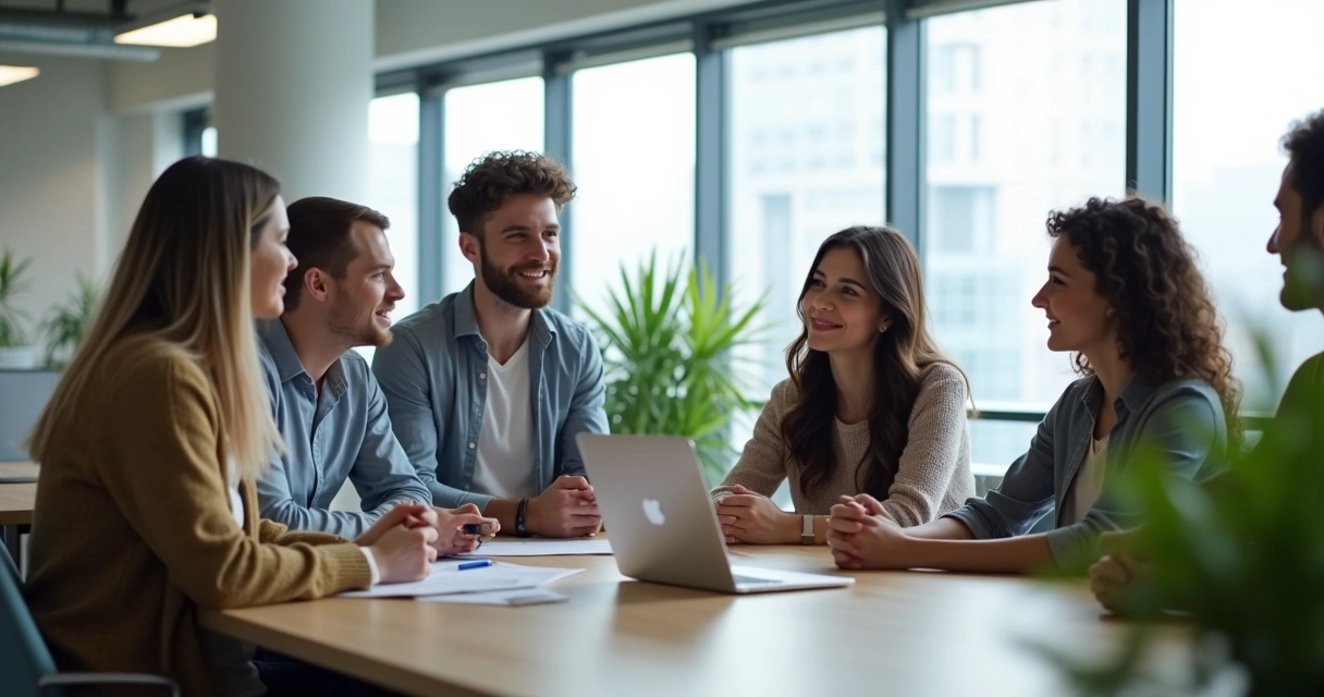 Colegas de trabalho conversando em círculo em um escritório moderno 
