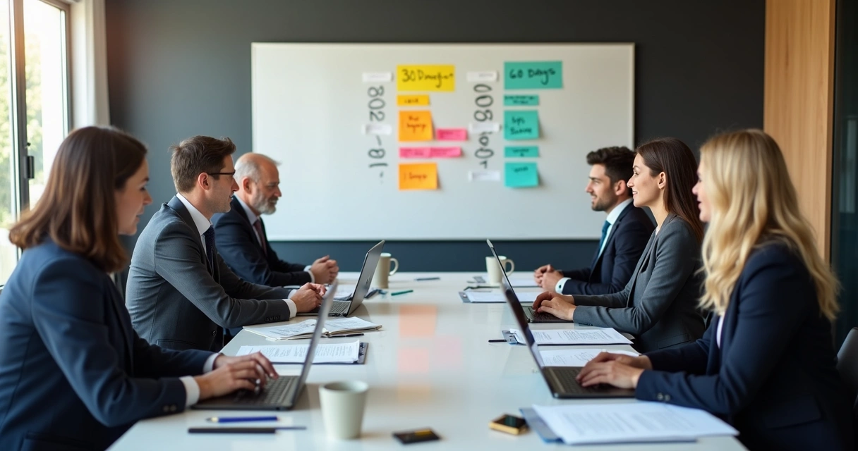 Advogados reunidos em sala de reunião planejando etapas de um projeto de IA