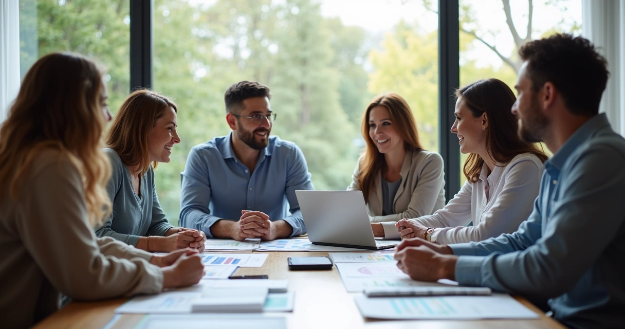Equipe de escritório reunida discutindo opções de benefícios empresariais 